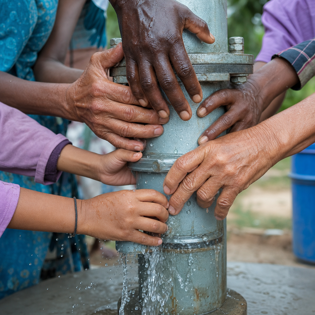 Hands of community members gathered around a clean water installation, showing collaboration
