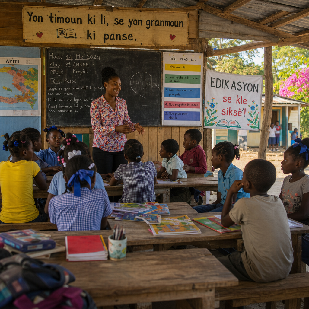Haitian students and teacher in a community learning space during an educational session