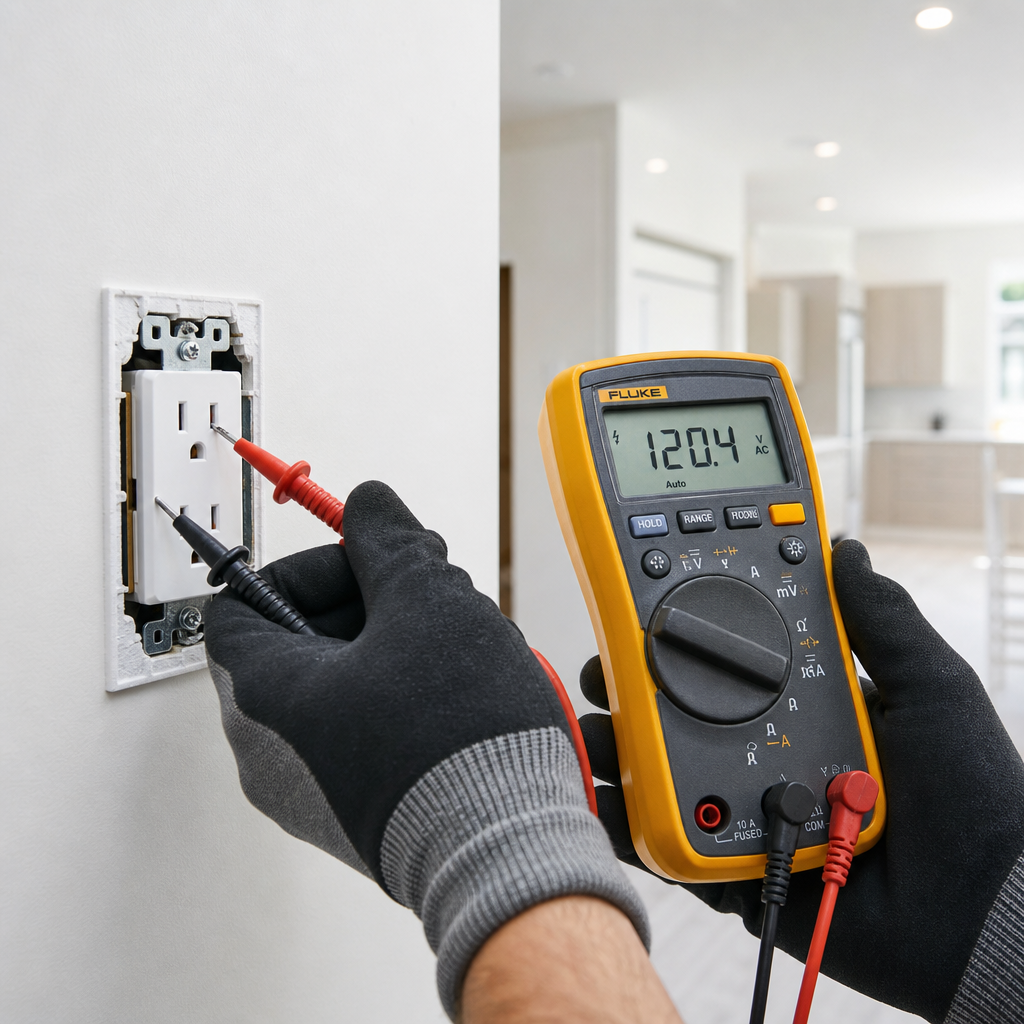 Electrician testing an electrical outlet with a multimeter during a new home inspection