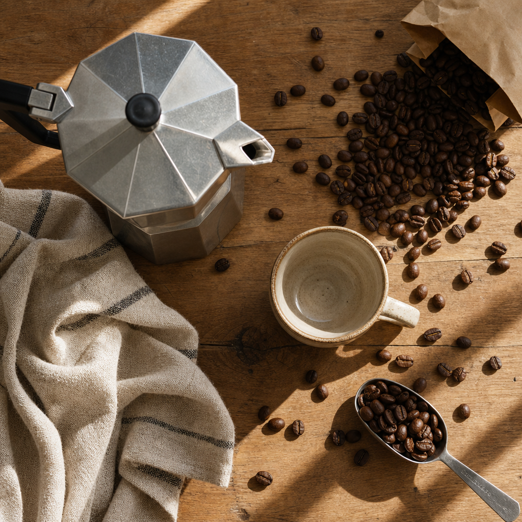 Moka pot with coffee beans and ceramic cup on wooden surface in natural morning light