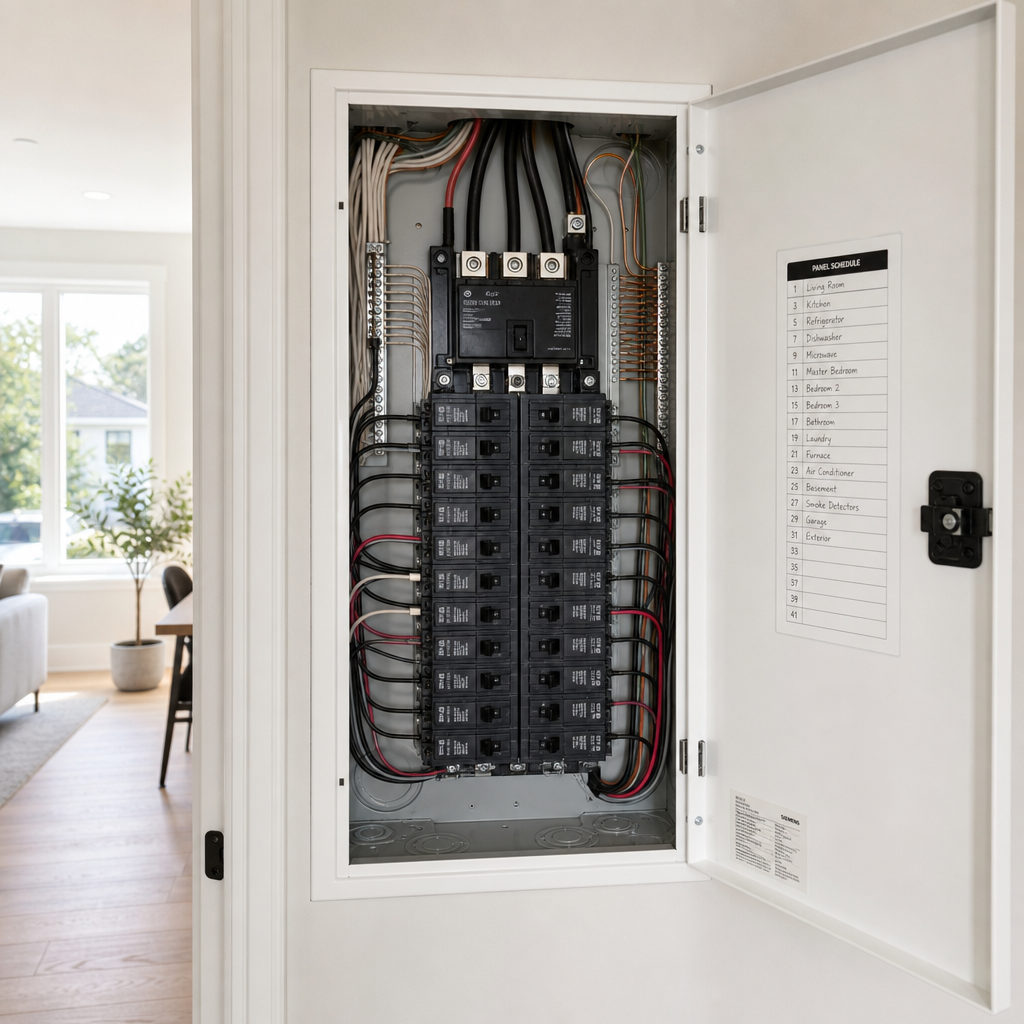 Open electrical switchboard showing circuit breakers and wiring in a new home