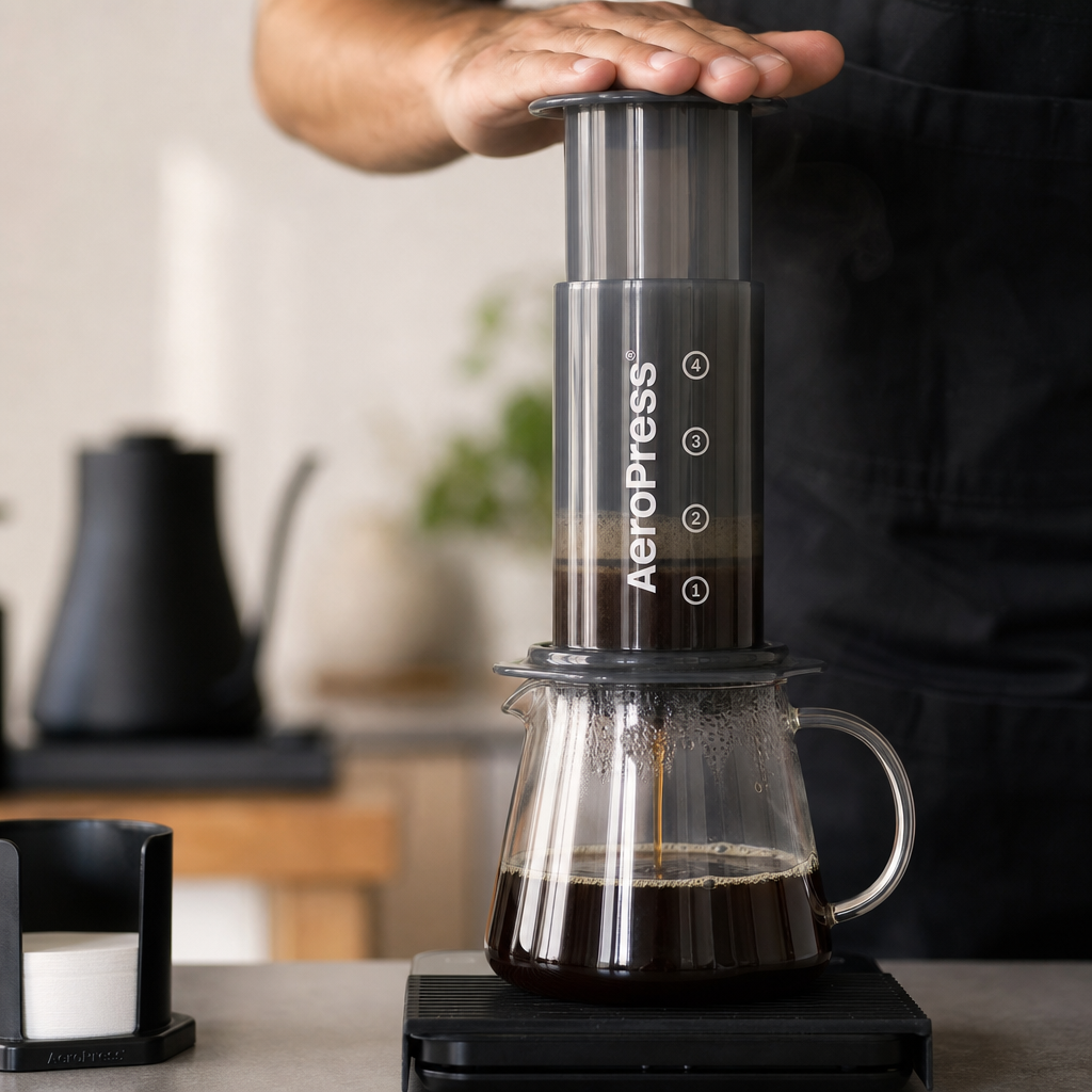 AeroPress brewing espresso-style concentrate with steam and dark coffee in glass carafe