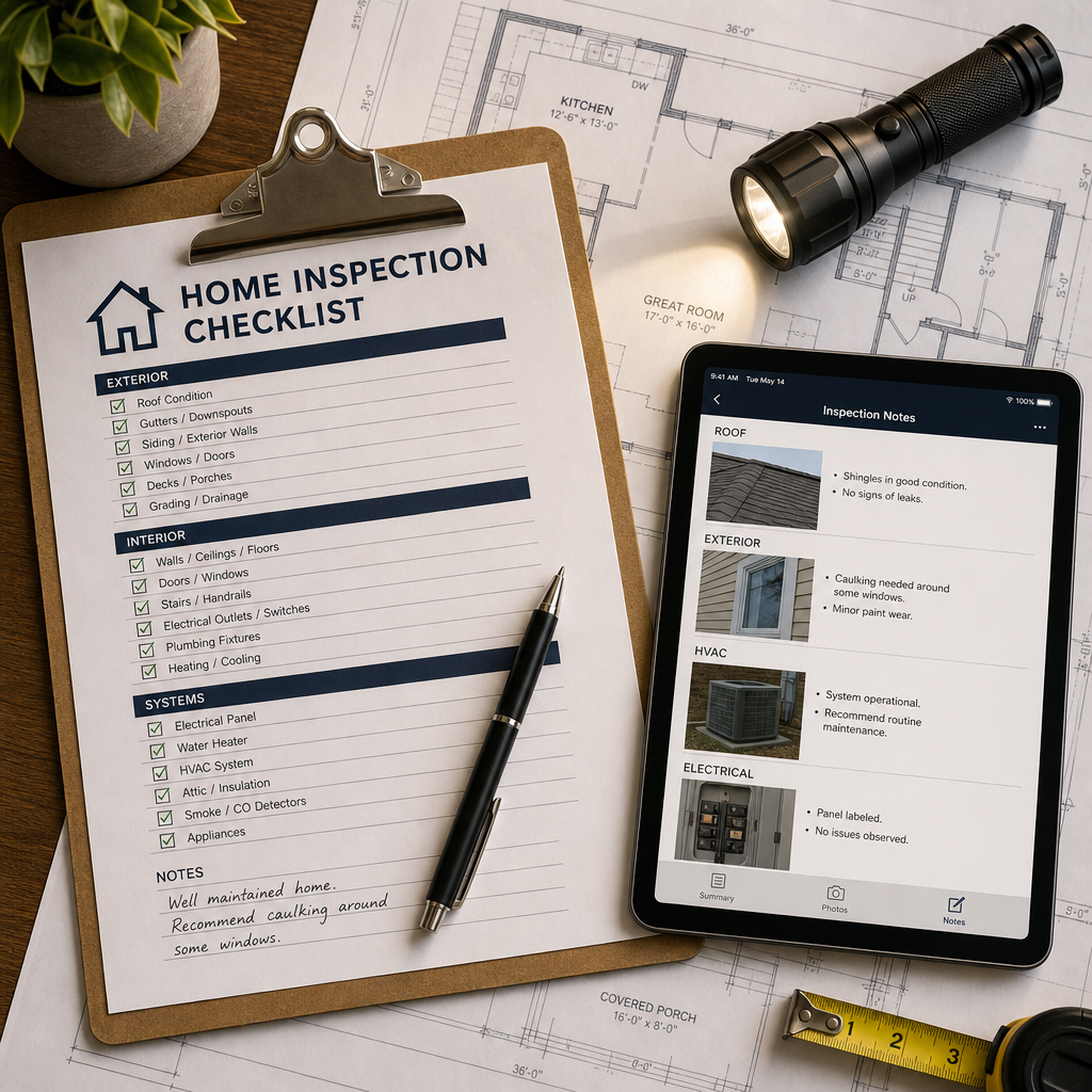 Home inspection checklist with tools and documentation materials for electrical defect assessment