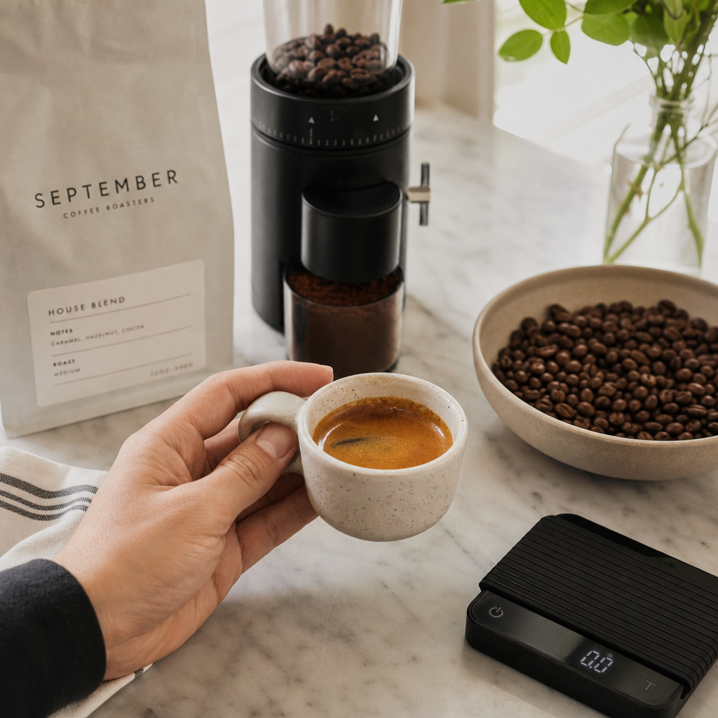 Hand holding espresso cup with coffee beans, grinder, and scale on marble counter
