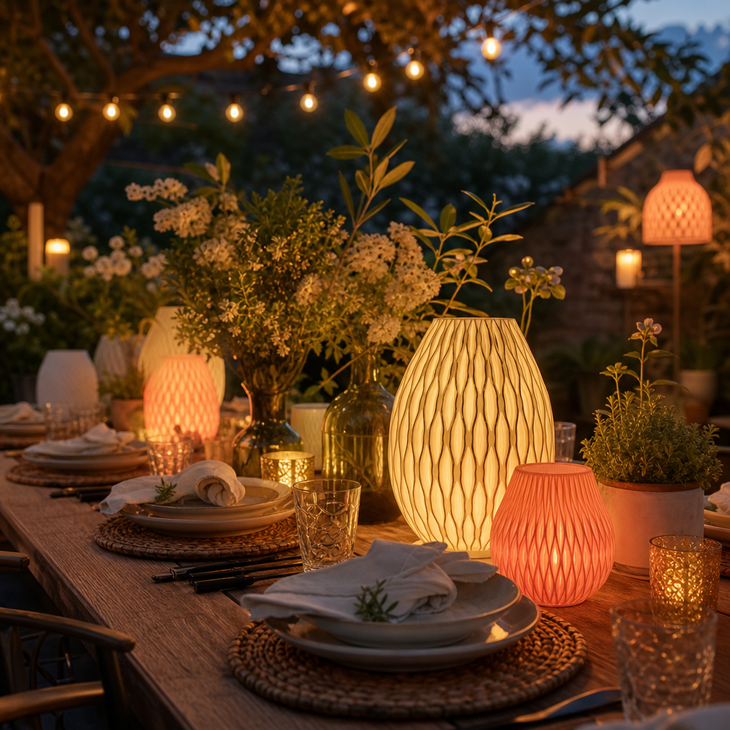 Sommerabendatmosphäre mit 3D-gedruckten Dekolampen und Lichtakzenten bei Dämmerung