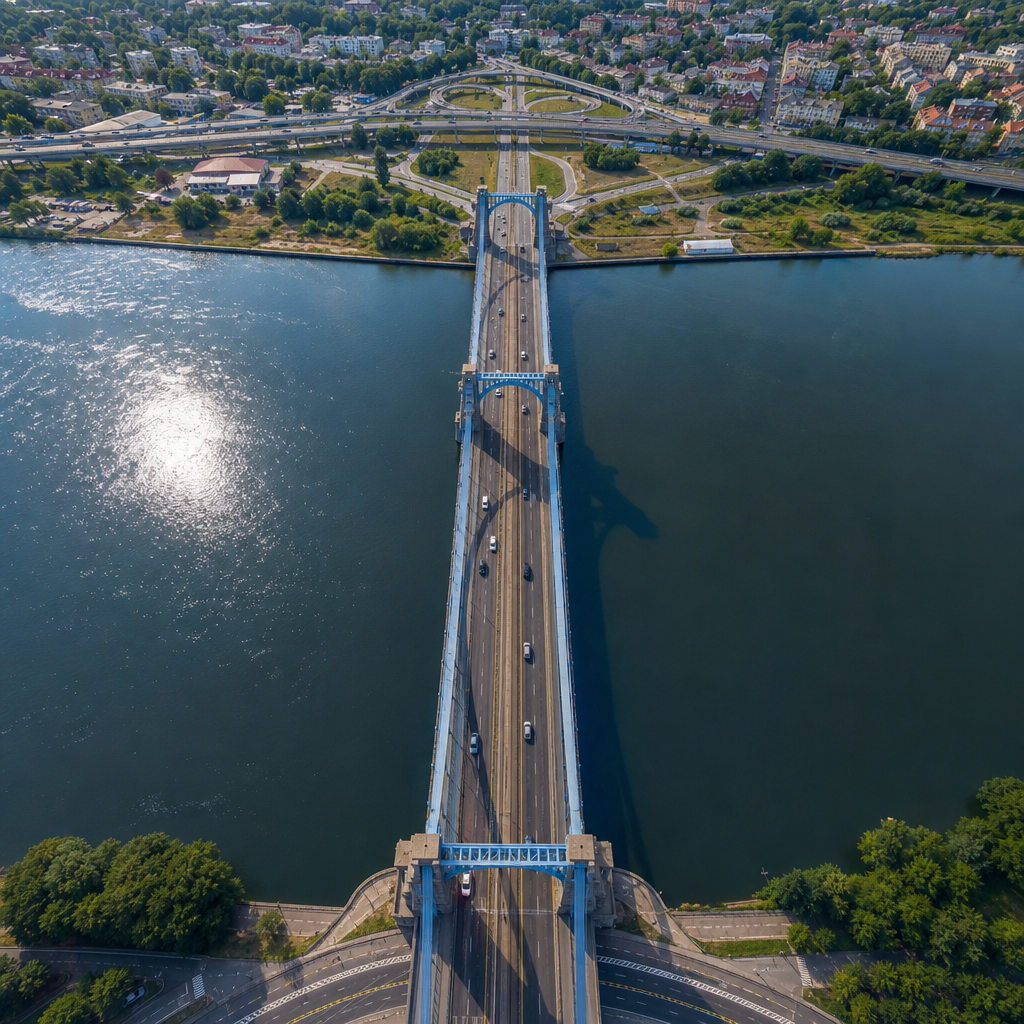 Most Grunwaldzki widziany z lotu ptaka, panorama wodna Wrocławia