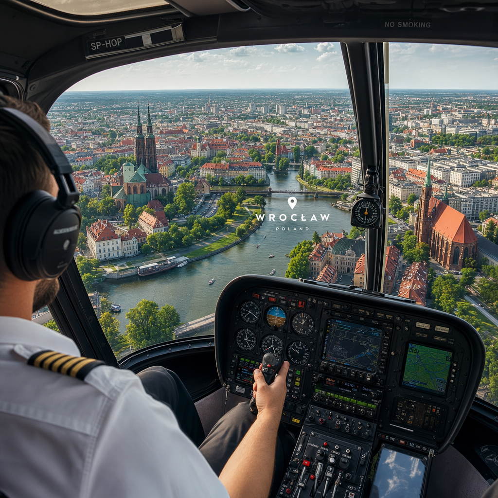 Widok z kokpitu helikoptera na Wrocław i jego panoramę
