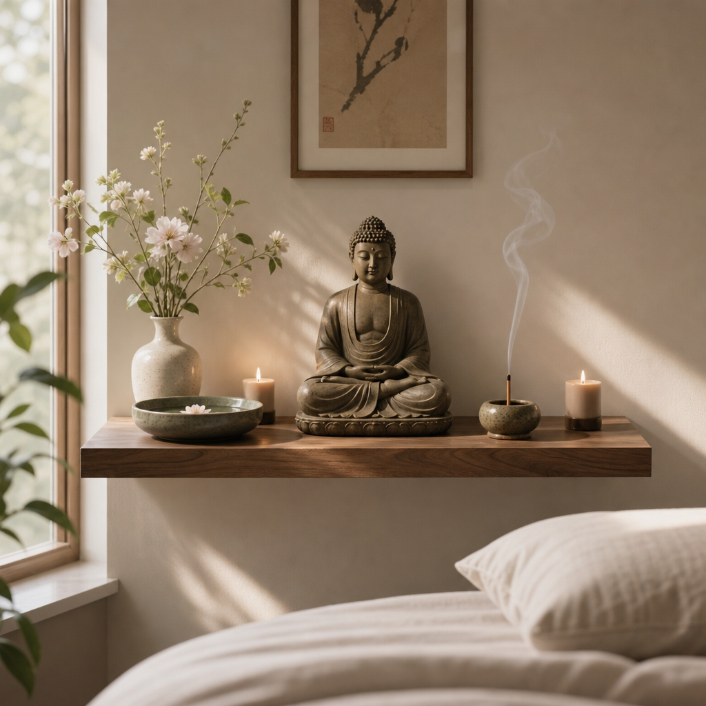 Altar casero budista minimalista con estatua de Buda, velas, flores e incienso en un tranquilo rincón del dormitorio