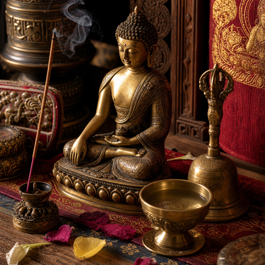 Primer plano de los objetos tradicionales del altar budista, incluida la estatua de Buda, el incienso, la campana y los recipientes para ofrendas.