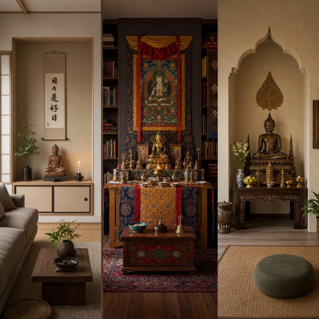 Tres estilos diferentes de altares budistas exhibidos en varias salas de la casa que muestran las tradiciones japonesa, tibetana y del sudeste asiático.