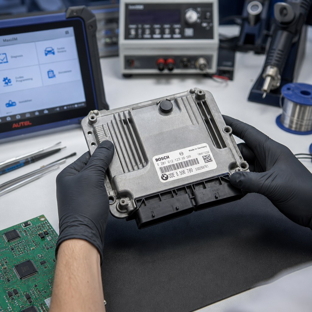 Technician handling an ECU module on a diagnostic workbench