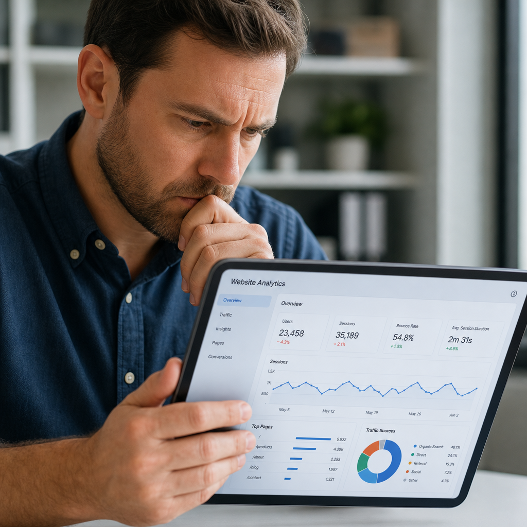 Small business owner analyzing website performance metrics and analytics