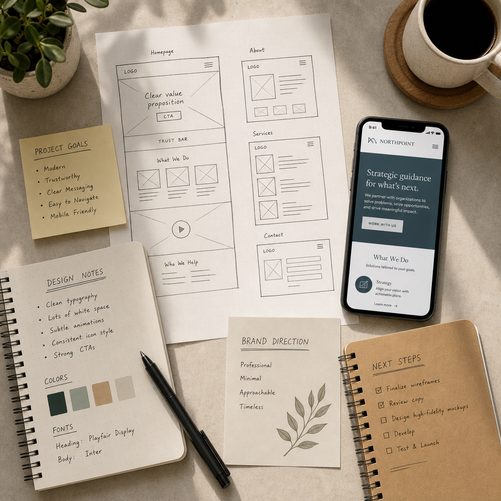 Web design planning process with wireframes, sketches, and professional website mockup