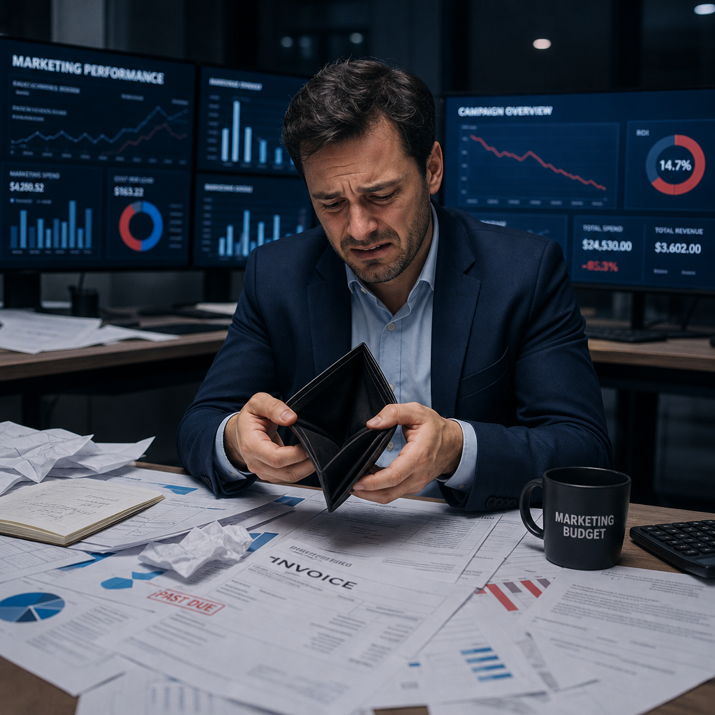 صاحب عمل محبط ينظر إلى ميزانية تسويقية مهدرة بدون نتائج