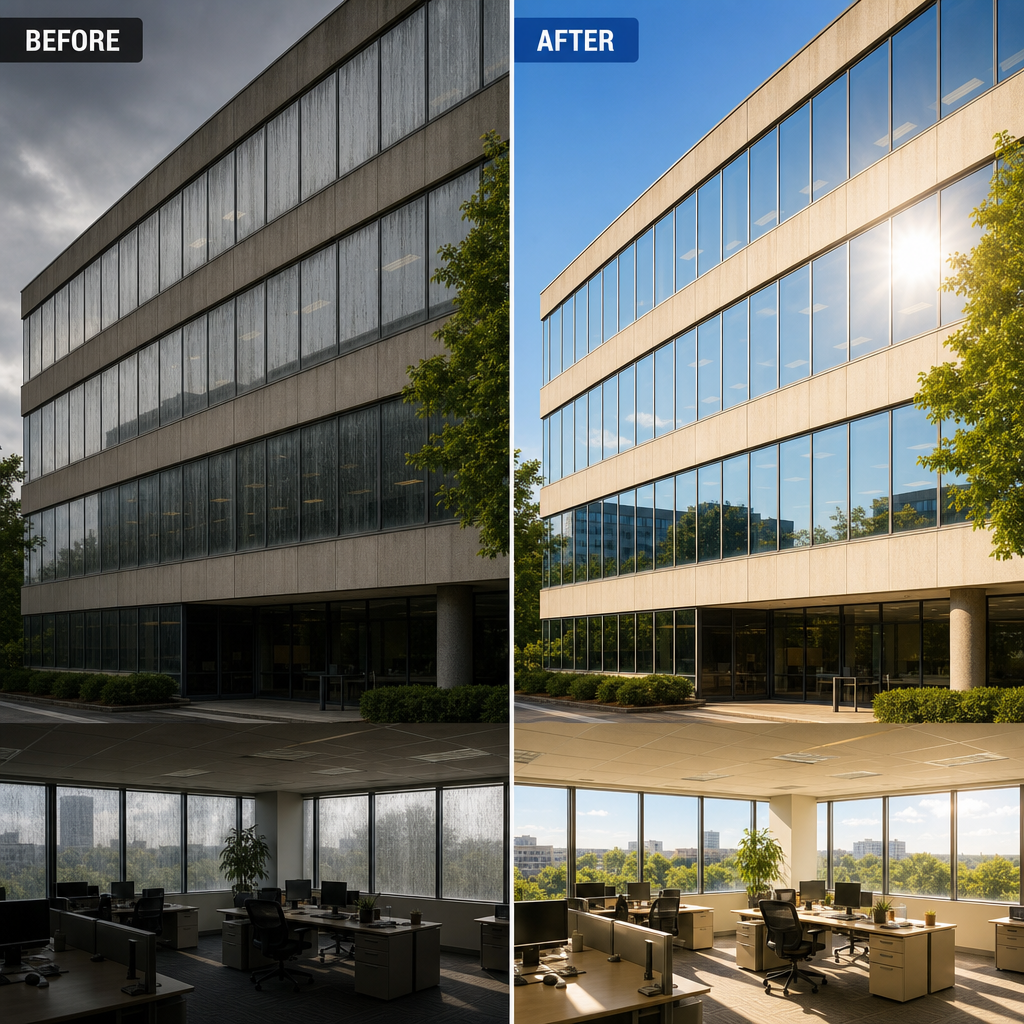 Before and after comparison of commercial window cleaning impact on natural light