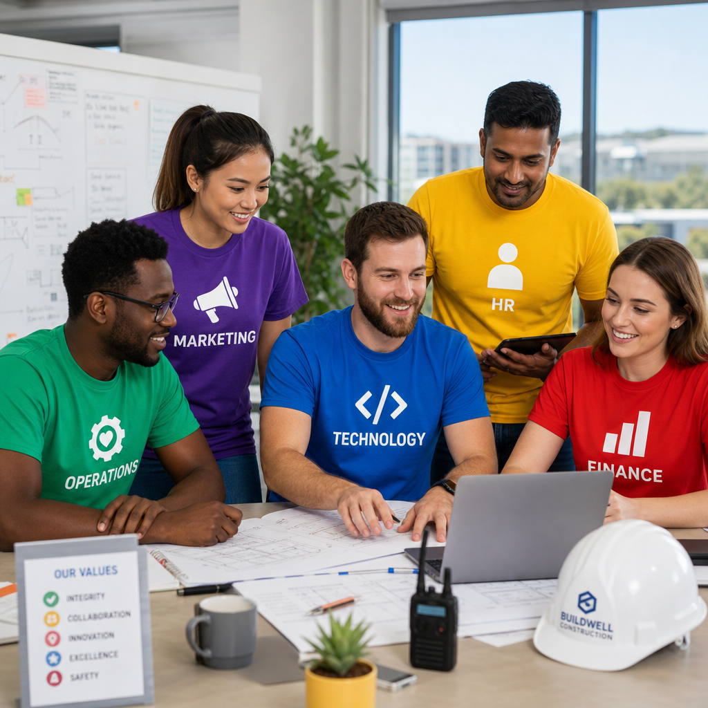 Team members in colour-coded custom t-shirts representing different roles