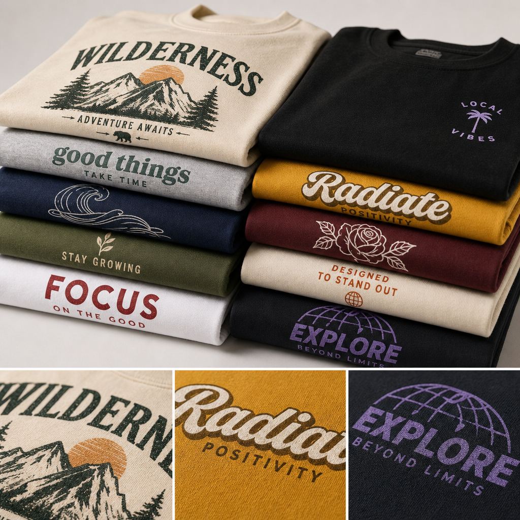 Stack of folded custom t-shirts displaying various design styles and colours