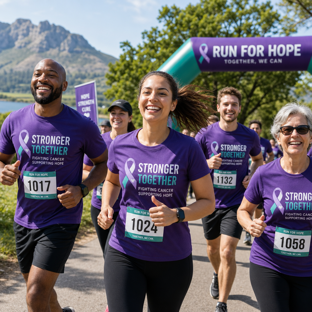 Charity event participants running together in matching custom t-shirts