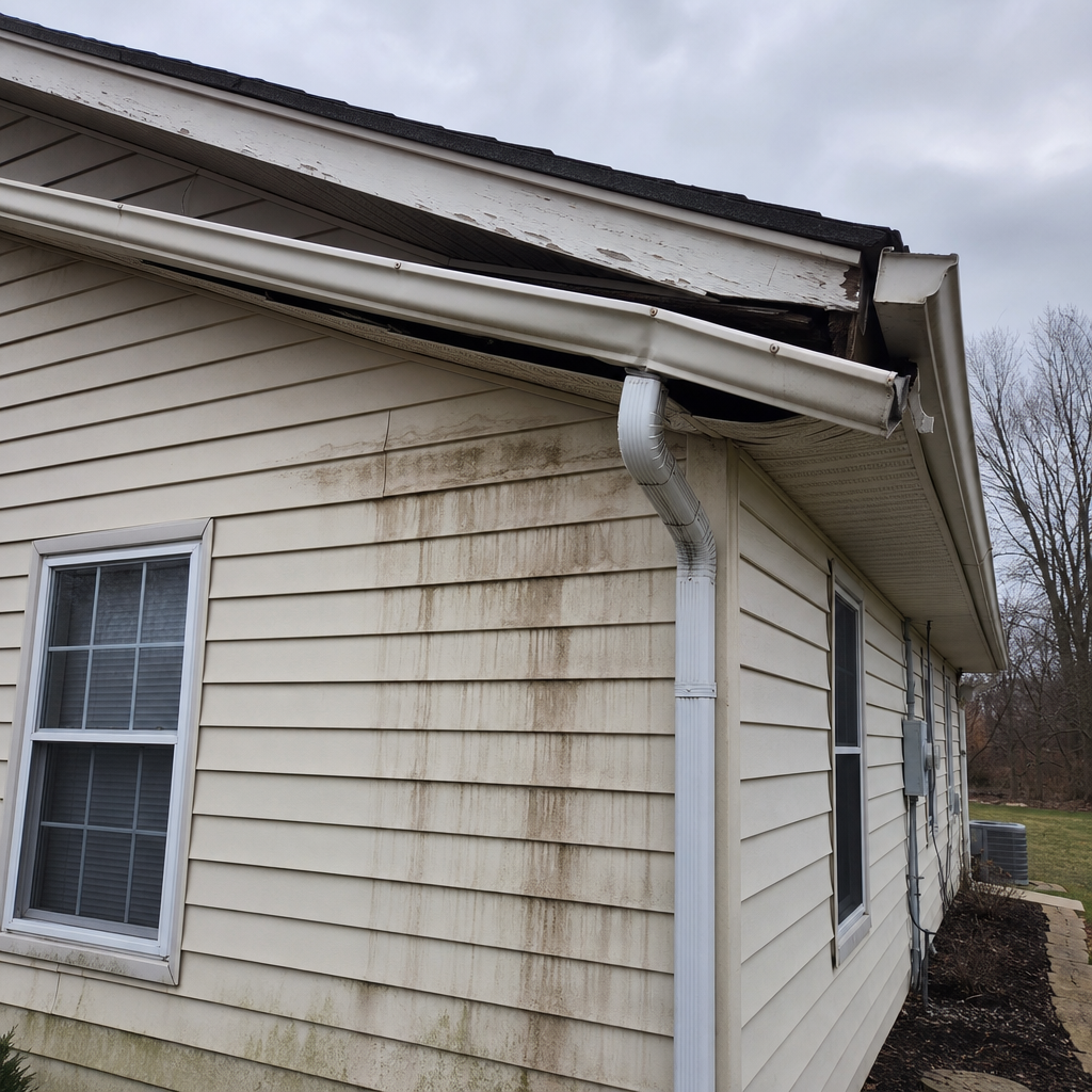 Sagging gutters pulling away from fascia with visible water damage on siding