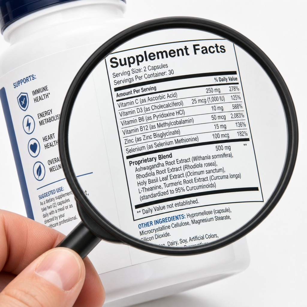 Person using magnifying glass to read supplement label details