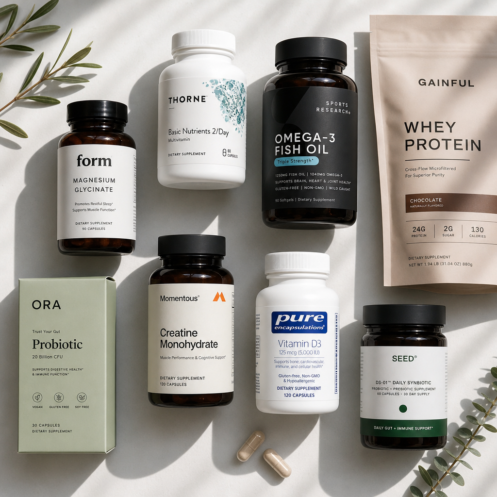 Collection of different supplement bottles showing various label designs and claims