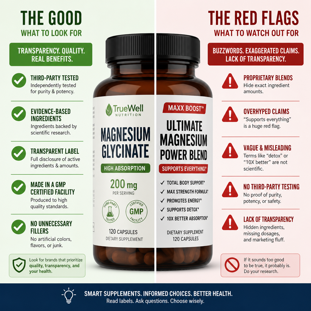Comparison chart highlighting good versus misleading supplement label elements
