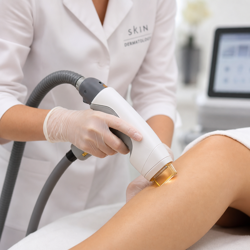 Dermatologist holding laser hair removal device during treatment session
