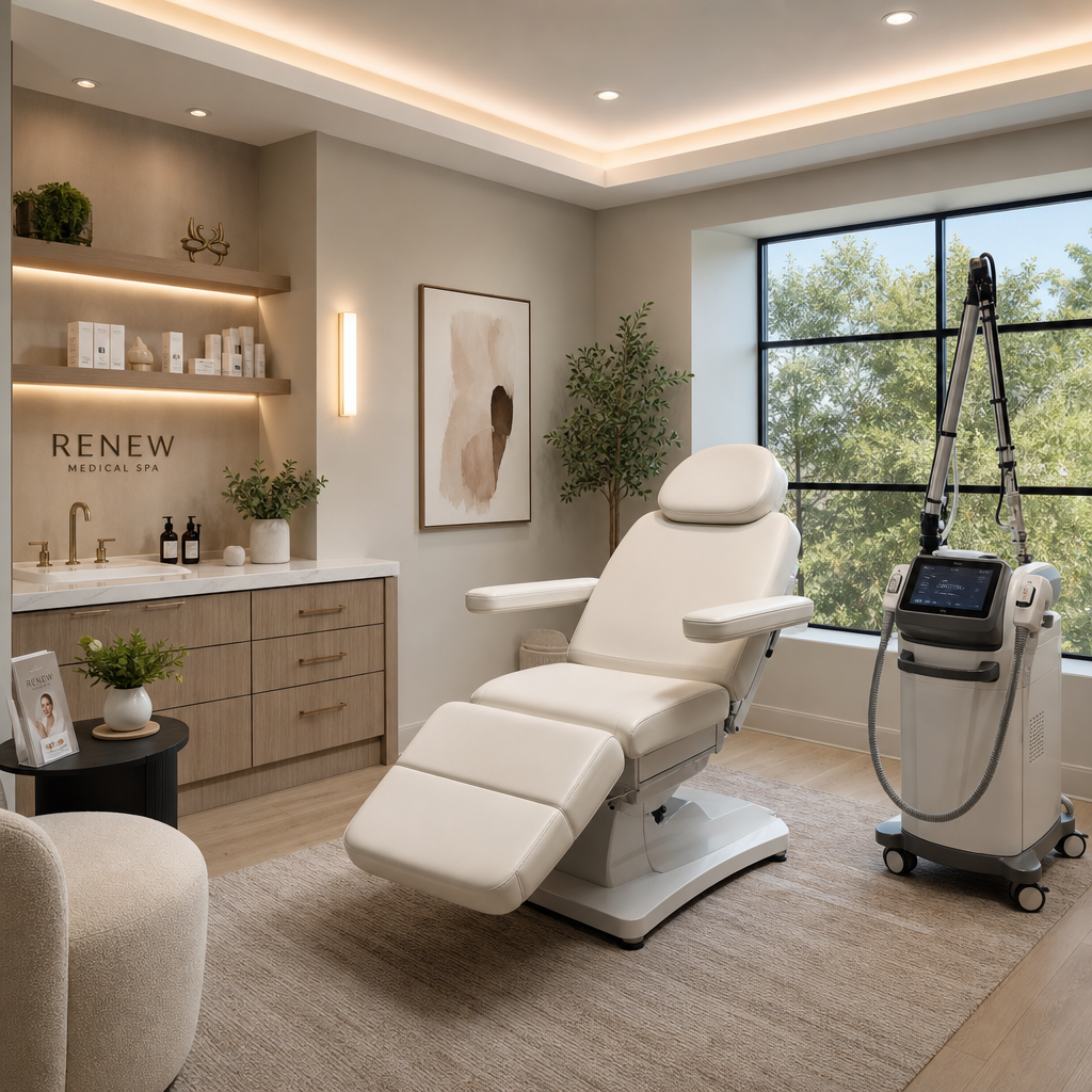 Clean, modern medical spa treatment room ready for laser hair removal session
