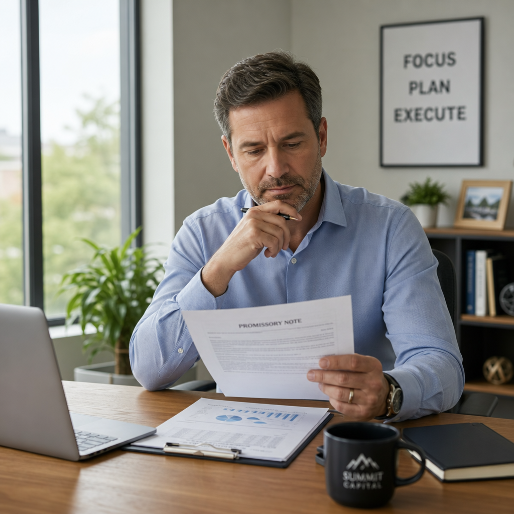 Business owner reviewing seller financing documents at desk