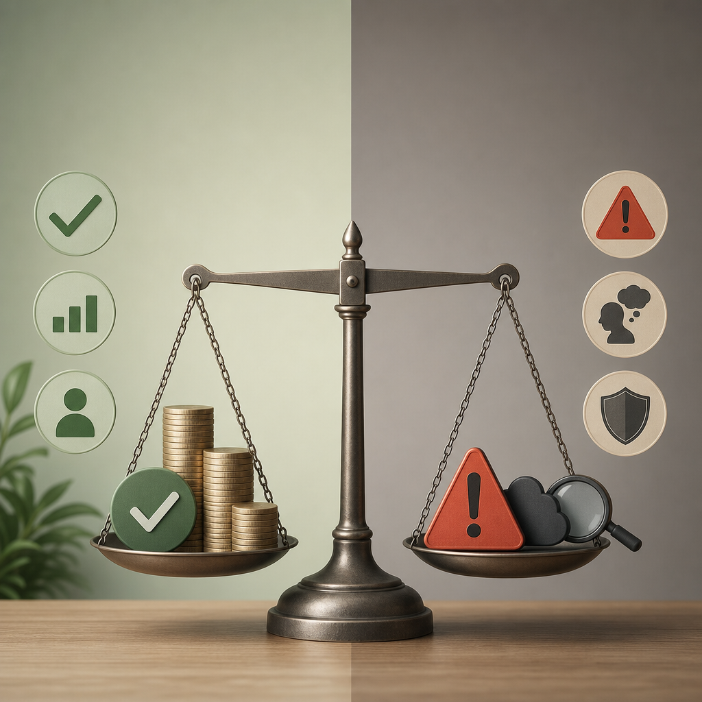 Visual balance scale showing pros and cons of seller financing