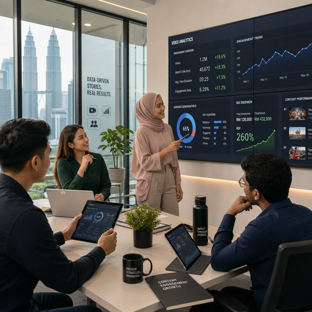 Corporate team analyzing video marketing performance metrics on screens