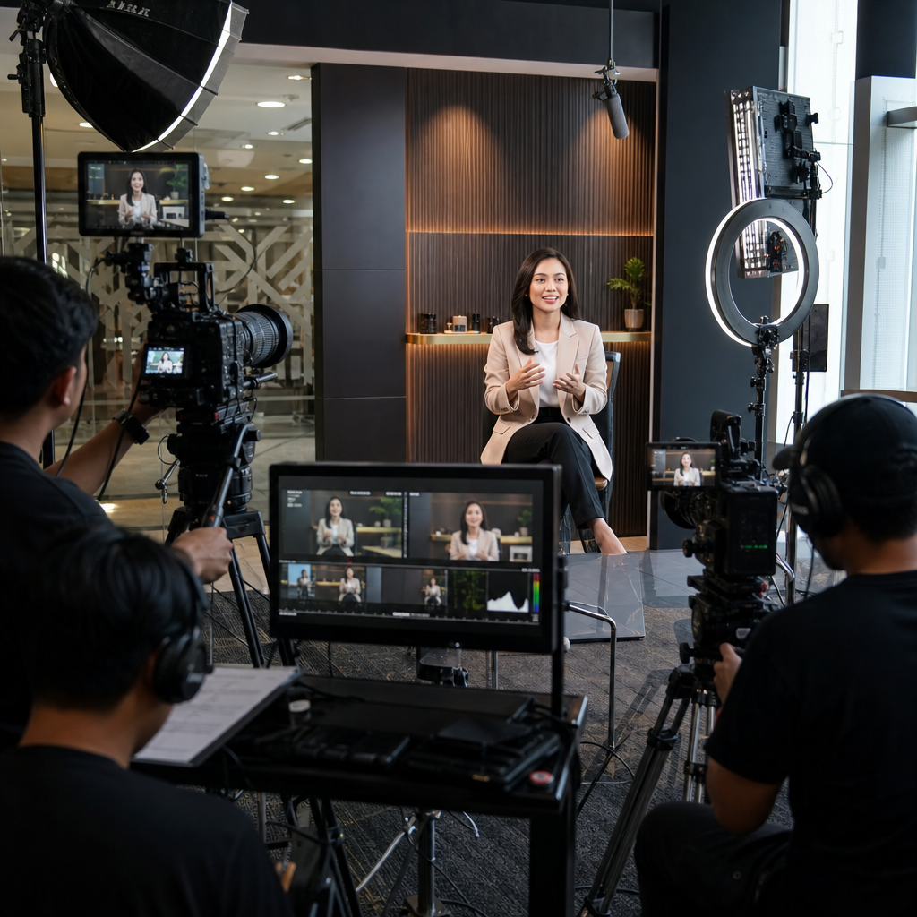 Professional video production equipment and lighting setup in studio