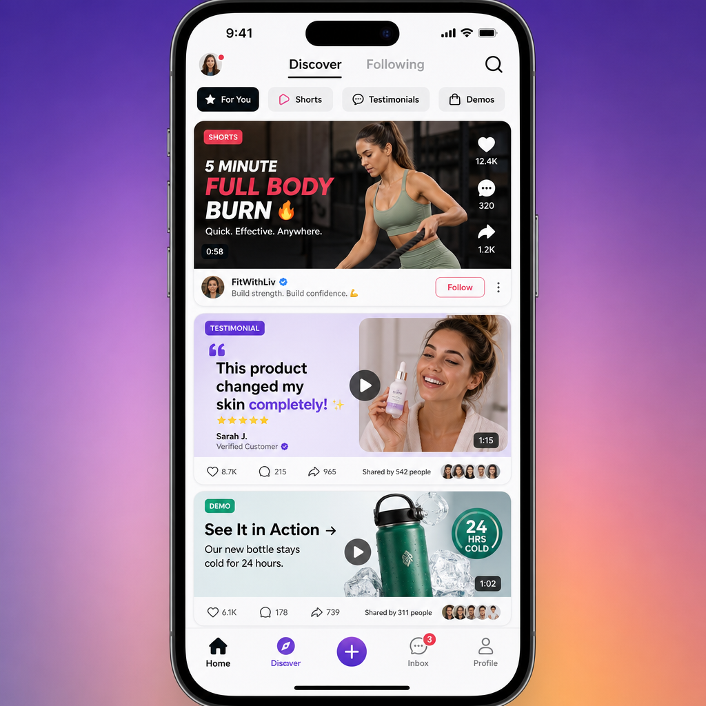 Mobile phone showing diverse video content on social media platforms
