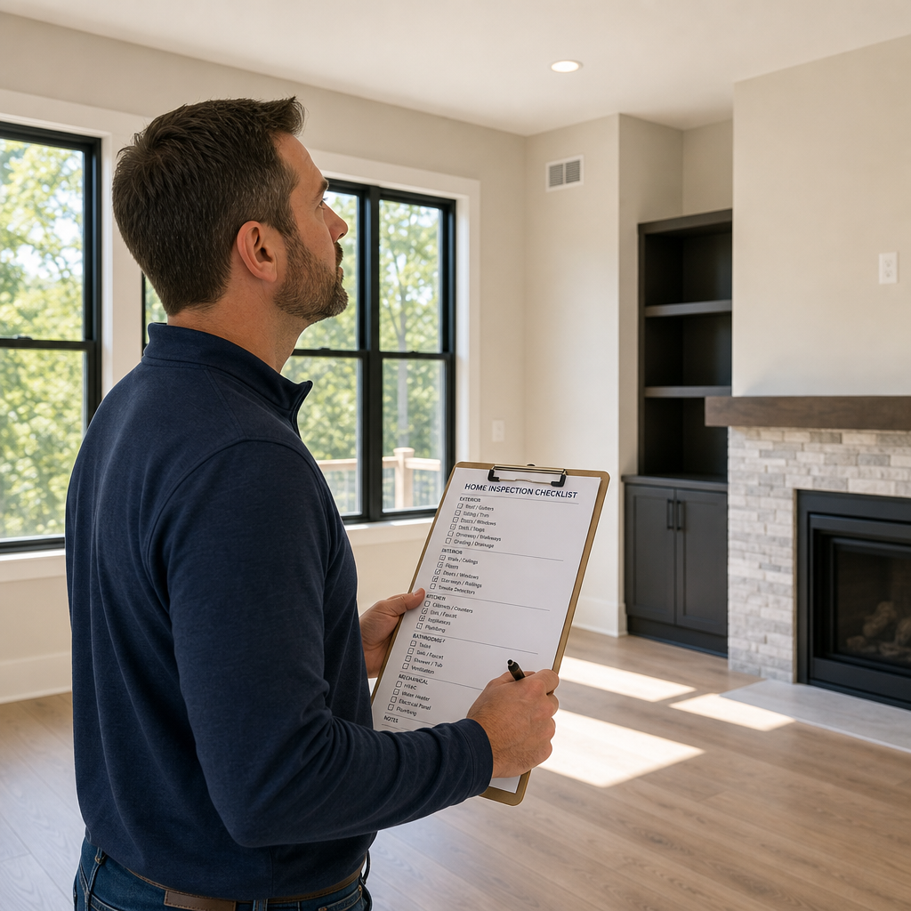Homeowner conducting a practical completion inspection with checklist in new home