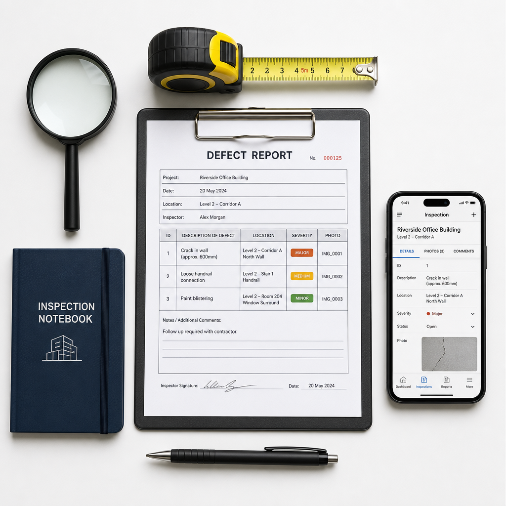 Inspection tools and defect documentation materials arranged for home handover