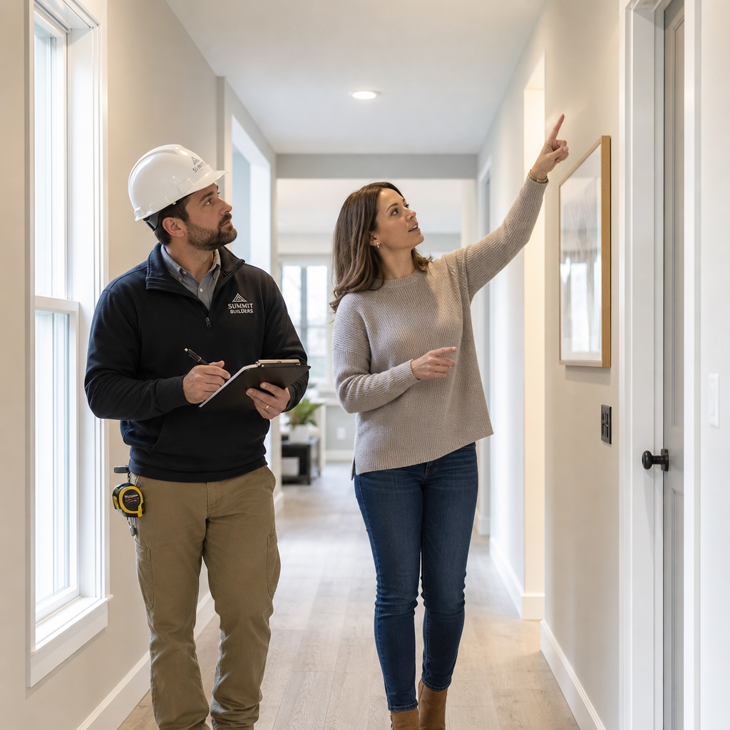 Builder and buyer discussing defects during new home handover walkthrough