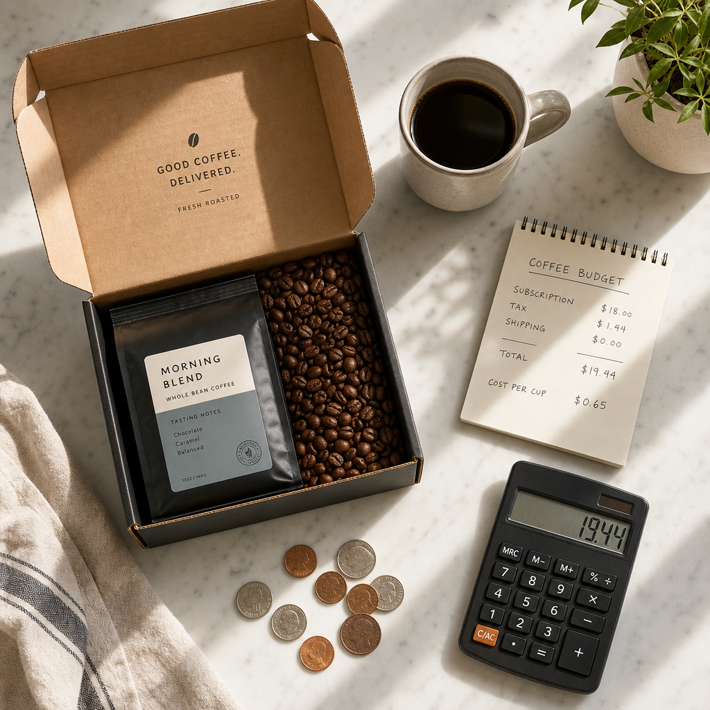Coffee subscription box with beans and calculator showing cost comparison on kitchen counter