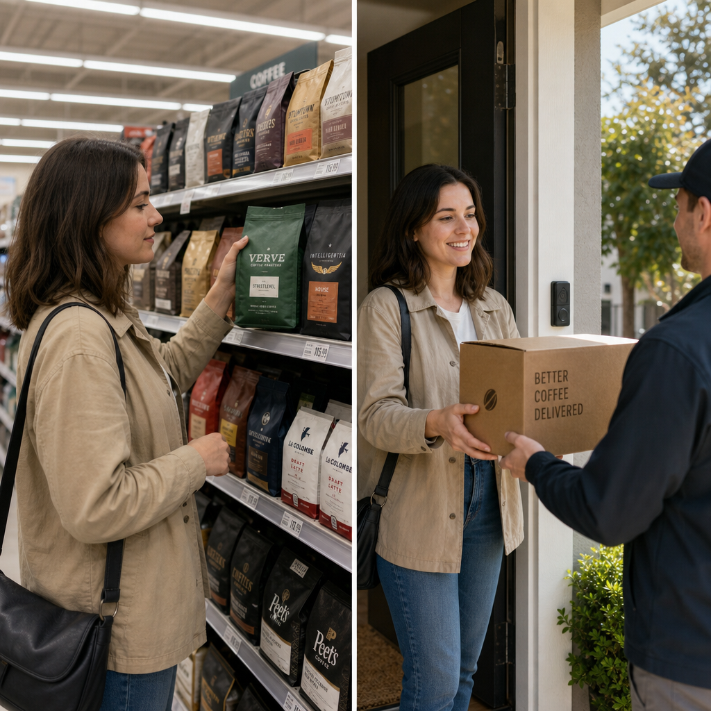 Comparison of buying coffee at supermarket versus receiving home delivery subscription