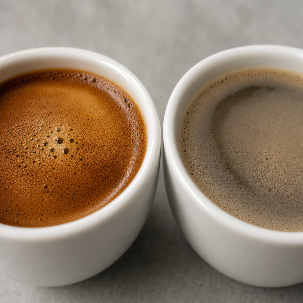 Visual comparison of fresh roasted coffee versus stale coffee quality in cups