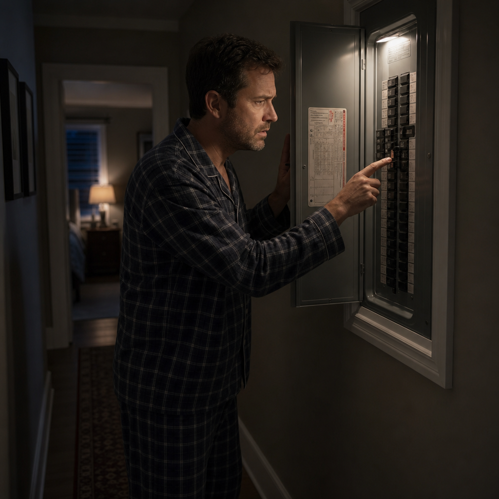Person checking home electrical breaker panel at night