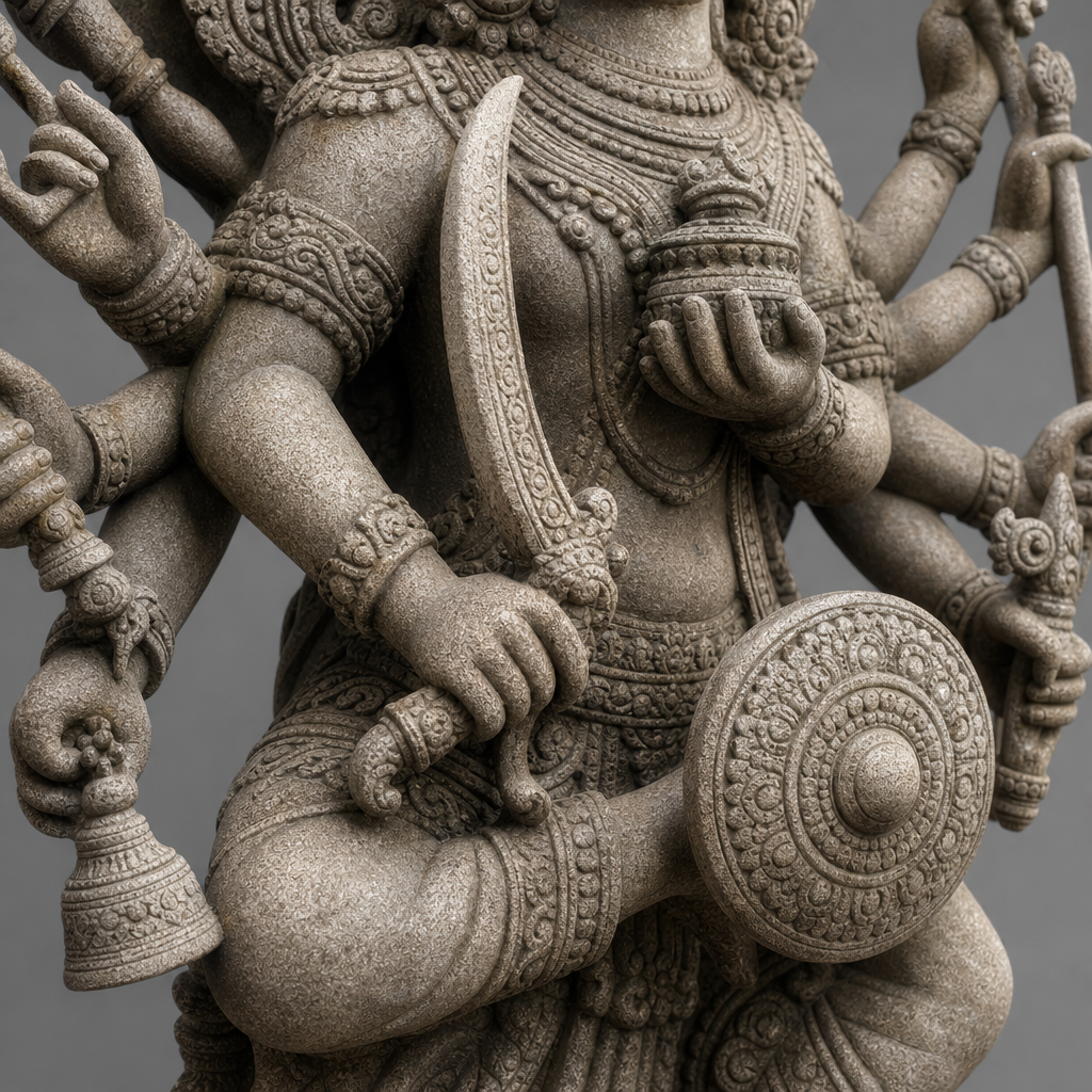 Vue détaillée d'une statue de divinité à plusieurs bras montrant des armes sculptées et des objets symboliques tenus dans différentes mains
