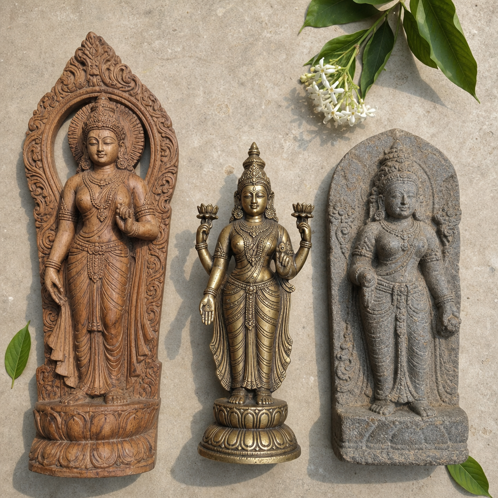 Collection de trois interprétations sculpturales régionales différentes de statues de déesses montrant des styles et des matériaux artistiques variés