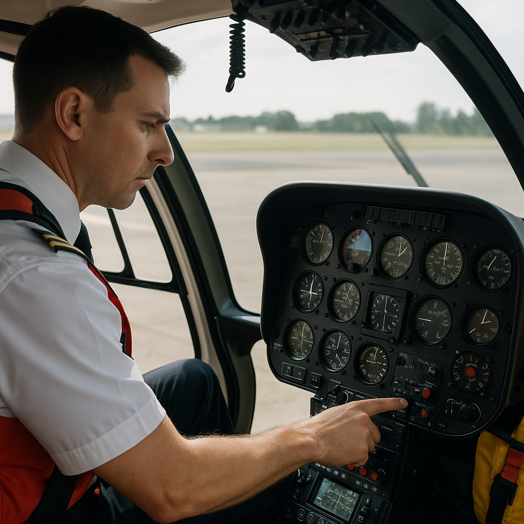 Pilot sprawdzający instrumenty w kokpicie helikoptera przed lotem
