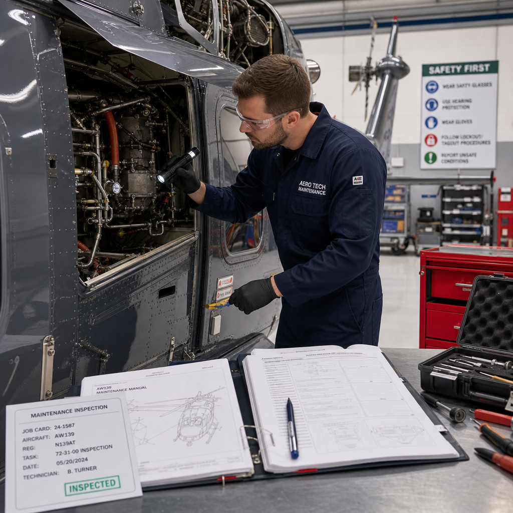 Techniczny przegląd helikoptera w hangarze serwisowym