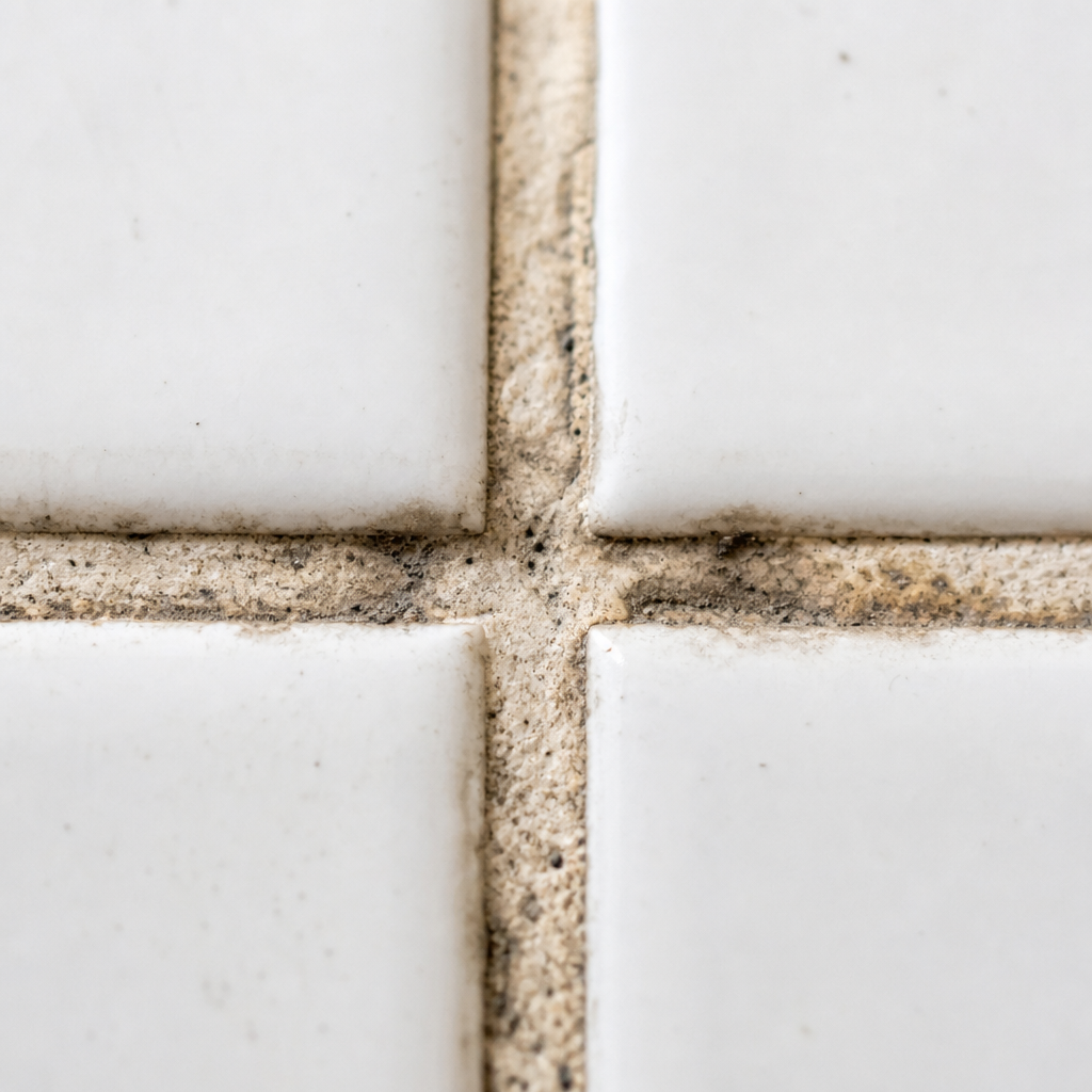 Discoloured grout lines between tiles showing embedded dirt and mould staining which requires a Tile and Grout Cleaning