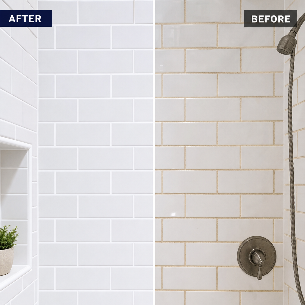 Before and after comparison of restored white grout against discoloured grout lines