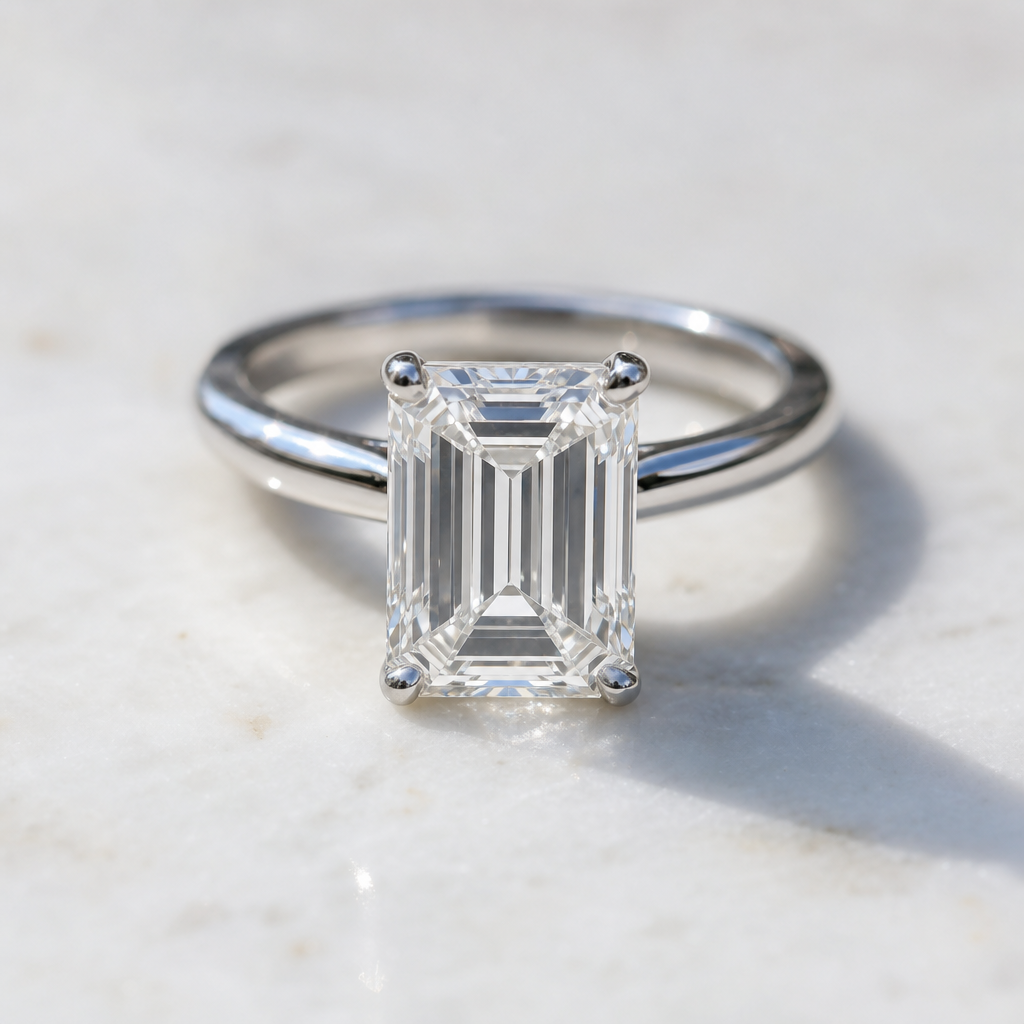 Emerald cut engagement ring showcasing the distinctive step-cut facet pattern