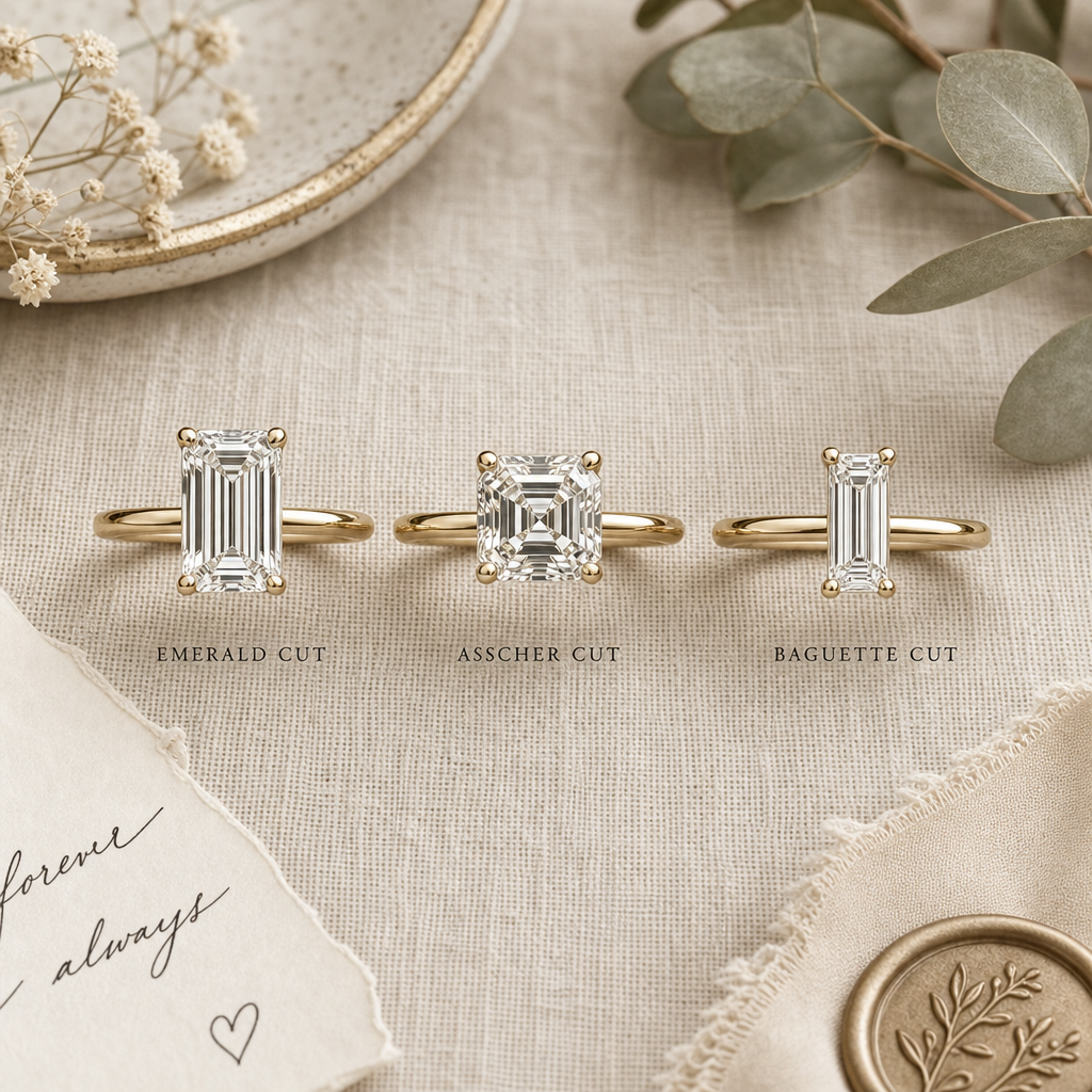 Three step-cut engagement rings displayed for comparison: emerald, asscher, and baguette cuts