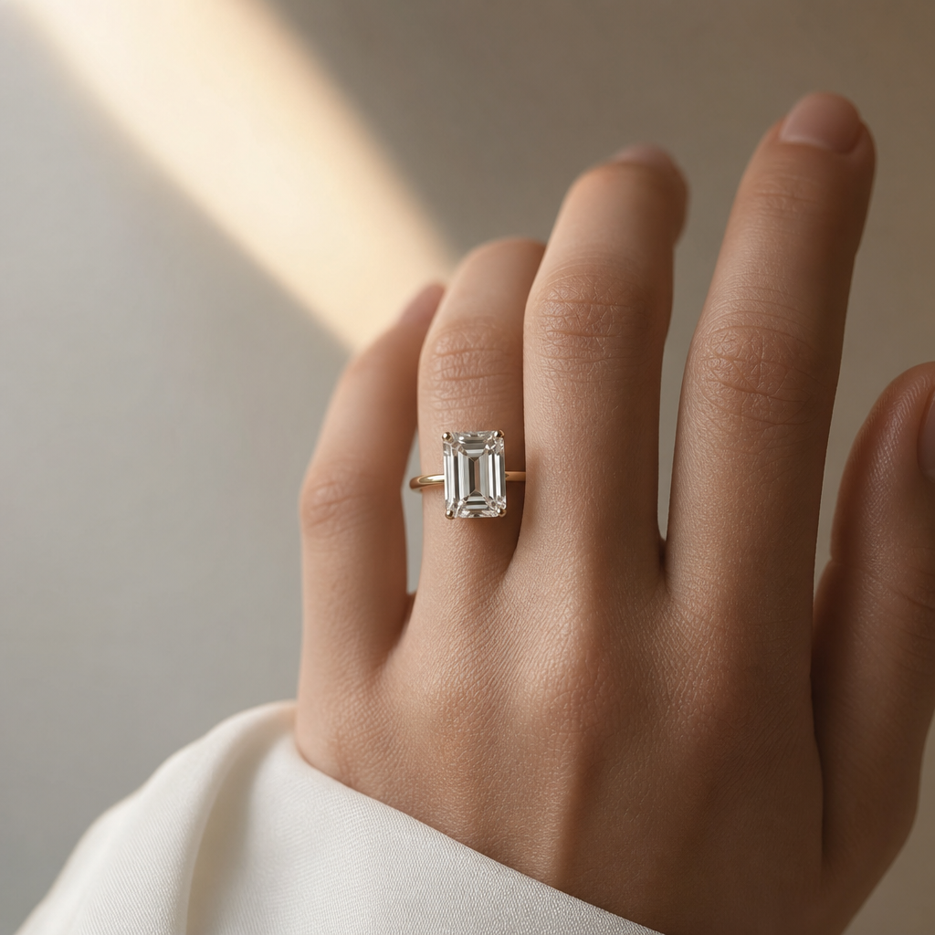 Hand wearing an emerald cut engagement ring in natural daylight