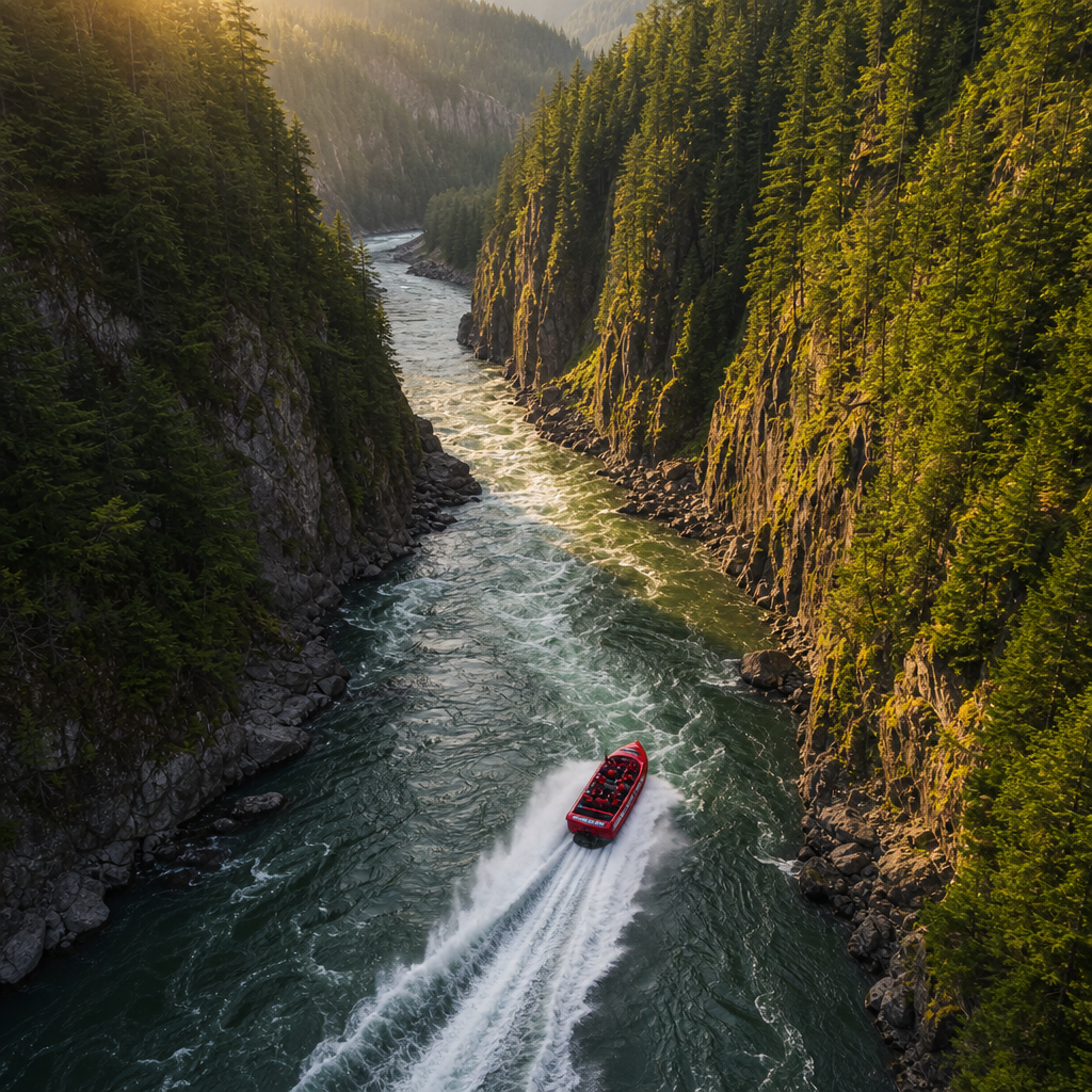 Jet boat navigating through the Rogue River canyon with steep forested banks
